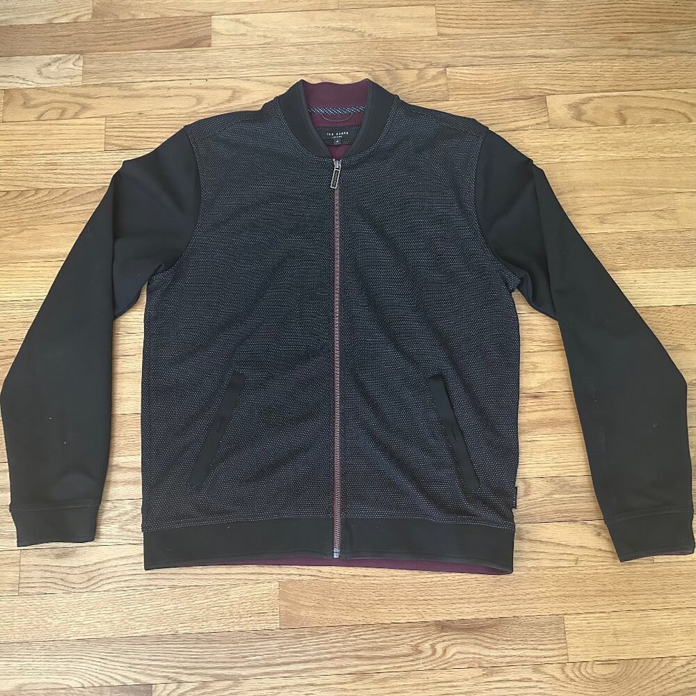 Ted Baker Knit Bomber Jacket, Black w Burgundy Lining Size M
